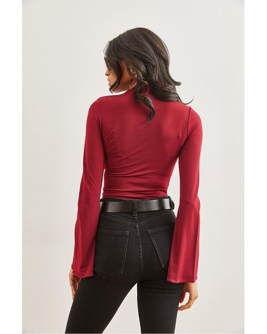 Olalook Red Burgunderrote, Drapierte, Detaillierte Spanische Crop-Bluse Mit Ärmeln Blz- 19002775 Für Damen