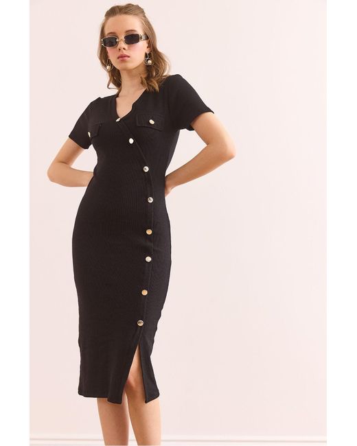 Olalook Black Schwarzes Kleid Aus Dehnbarer Baumwolle Mit Taschen Und Knopfdetails Elb- 19002363 Für Damen