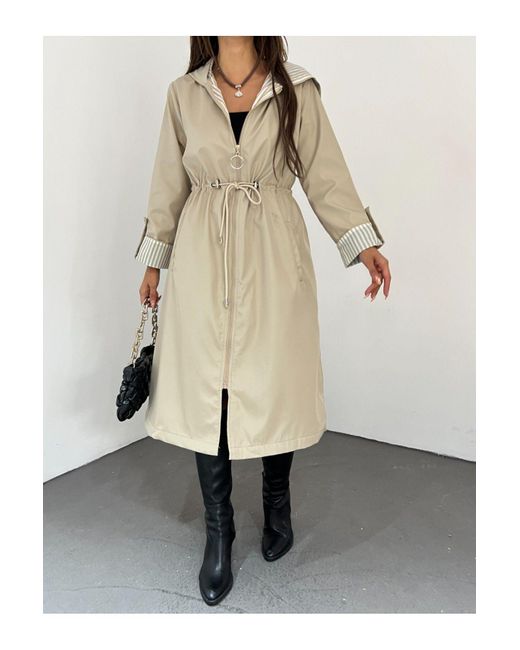 Modamorfo Natural Gesteppter Trenchcoat Mit Kapuze – Taillenbesatz Und Futter, Steinfarbe Für Damen