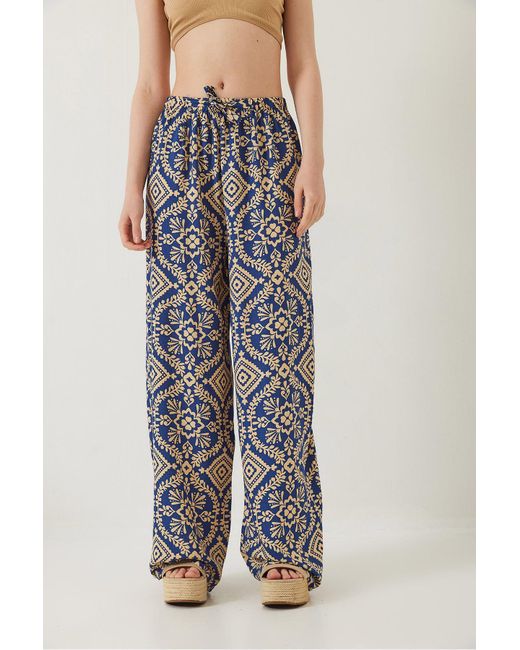 Bianco Lucci Blue Gemusterte Hose Aus Viskose Mit Taillenschnürung Für Damen