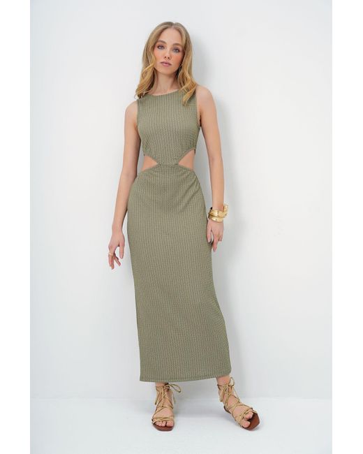 Trend Alaçatı Stili Green Khakifarbenes, Ausgeschnittenes, Strukturiertes Midikleid Für Damen