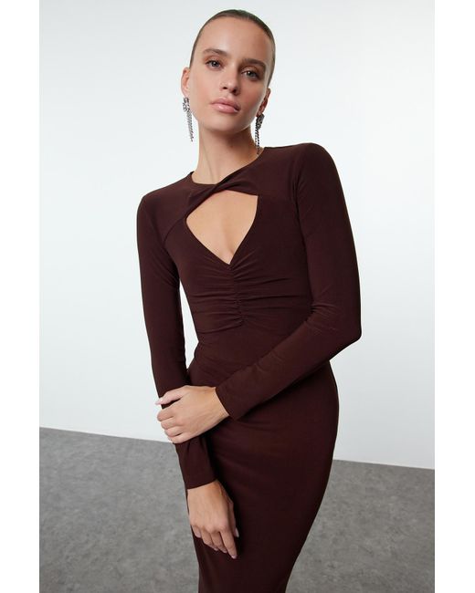 Trendyol Purple Braunes, Figurbetontes, Gestricktes, Stilvolles Abendkleid, Nachtabendkleid Für Damen
