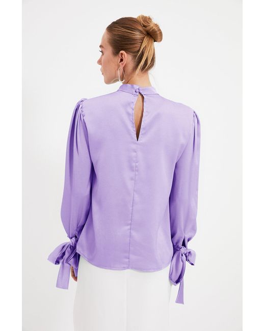 Trendyol Purple Fliederfarbene, Gewebte, Gewebte Bluse Mit Bindedetail Für Damen
