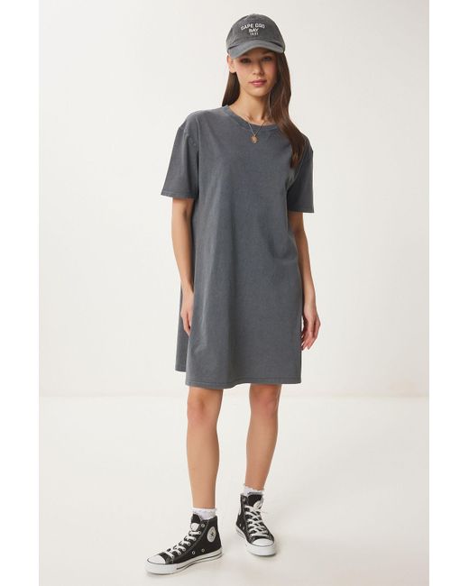 Happiness İstanbul Gray Anthrazitfarbenes Basic-Strickkleid Mit Fade-Effekt Für Damen