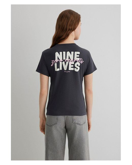 Mavi Black Anthrazitfarbenes T-Shirt Mit Katzenmuster, Halbschmale Passform -70087 Für Damen