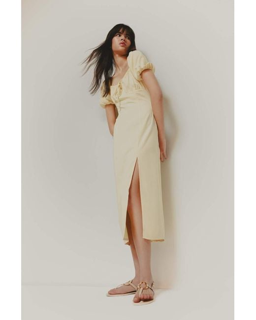 Defacto Natural A-Linien-Sommerkleid Mit V-Ausschnitt, Leinenmischung, Schlitz, Kurze Ärmel, Midi-Sommerkleid F0534Ax25Sm Für Damen