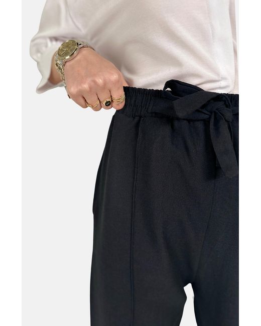 Trend Alaçatı Stili Blue Schwarze Palazzo-Hose Aus Leinen Mit Doppelter Tasche Vorne Und Hoher Taille Für Damen