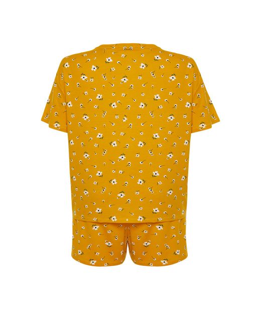 Trendyol Yellow Es pyjama-set aus strick mit blumenmuster