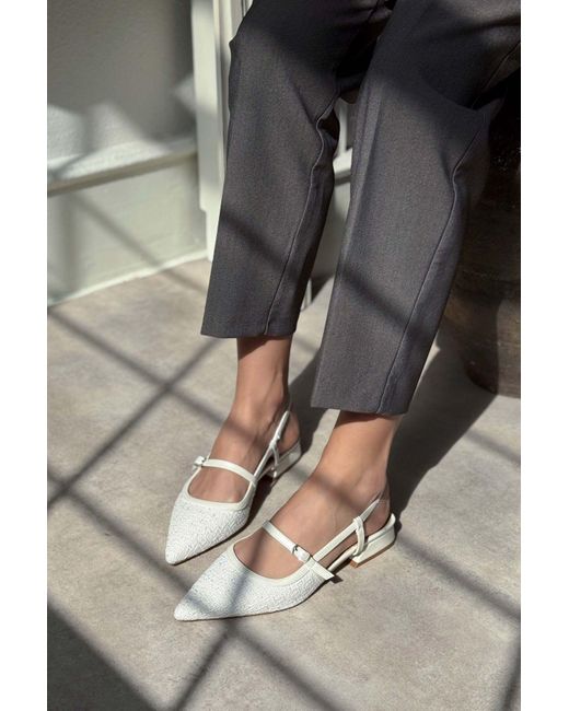 NİŞANTAŞI SHOES Gray X-Harmony Weißer Teppich Gürtel Detail Spitze Zehe Kurzer Absatz Babet Für Damen