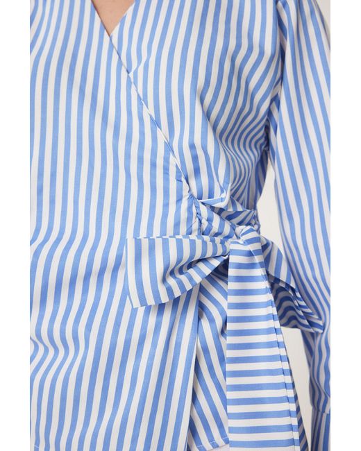 Happiness İstanbul Blue Weiß Gestreifte Wickelbluse Aus Popeline Mit Dreiecksausschnitt Für Damen
