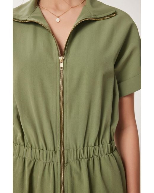 Happiness İstanbul Green Khakifarbenes Midi-Popeline-Kleid Mit Reißverschluss Für Damen