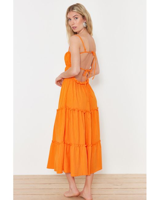 Trendyol Orange Farbenes, gerafftes maxi-strandkleid aus webstoff