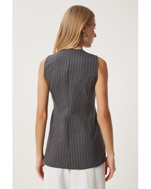 Happiness İstanbul Gray Anthrazitfarbene, Detaillierte, Gestreifte, Gewebte Fleto-Weste Für Damen