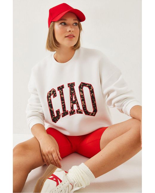 Bianco Lucci Red Sweatshirt Mit Dreifädigem, Erhabenem Leopardenmuster 6429 Für Damen