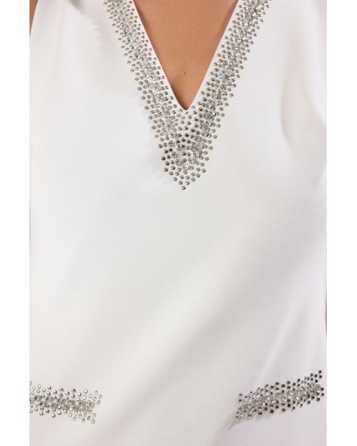Trendyol White Ecrufarbenes, Gerades, Gerade Geschnittenes, Mit Steinen Verziertes, Gewebtes Finike-Mini-Futter, Schickes/Abendkleid Für Damen
