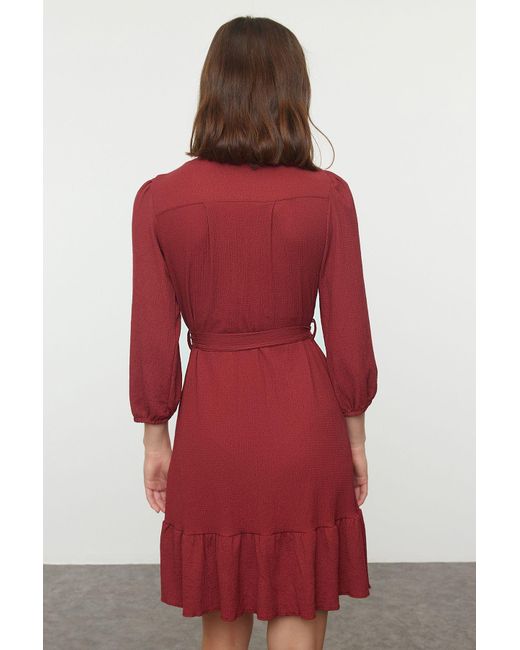 Trendyol Red Burgunderrotes A-Linien-Wickelkleid Mit Gürtel/Strukturiertem Strickkleid