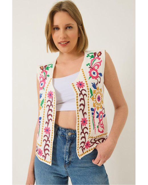Bianco Lucci White Weste Aus Leinen Mit Ethnischer Stickerei Und Detailliertem Detail 314 Für Damen