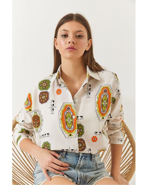 Bianco Lucci Orange Gefaltetes, Gemustertes Leinenhemd Für Damen