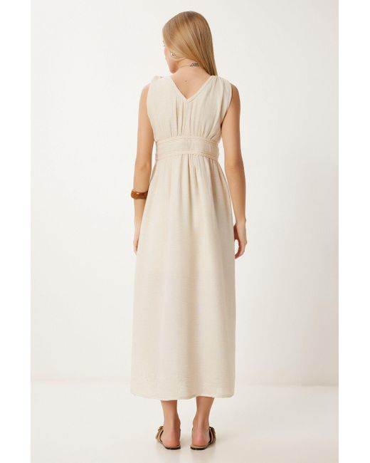 Happiness İstanbul Natural Cremefarbenes Gestricktes Gestreiftes Sommer-Leinenkleid Für Damen