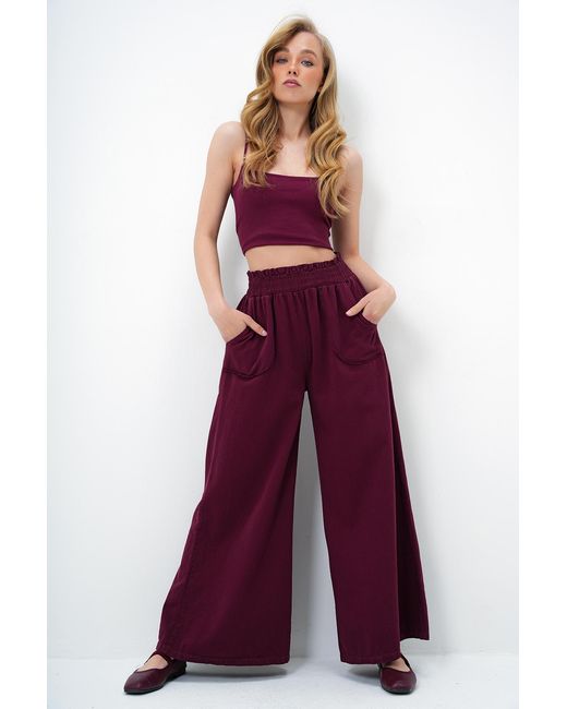 Trend Alaçatı Stili Purple Burgunderrote Gabardine-Hose Mit Taillenband Und Doppelter Tasche Und Weitem Bein Für Damen