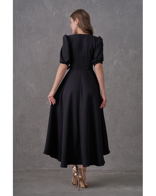 Lovebox Pink Schwarzes, Zweireihiges Midikleid Mit Ausschnitt – Asymmetrisch Geschnittenes, Ausgestelltes Kleid Mit Gürtel 410 Für Damen