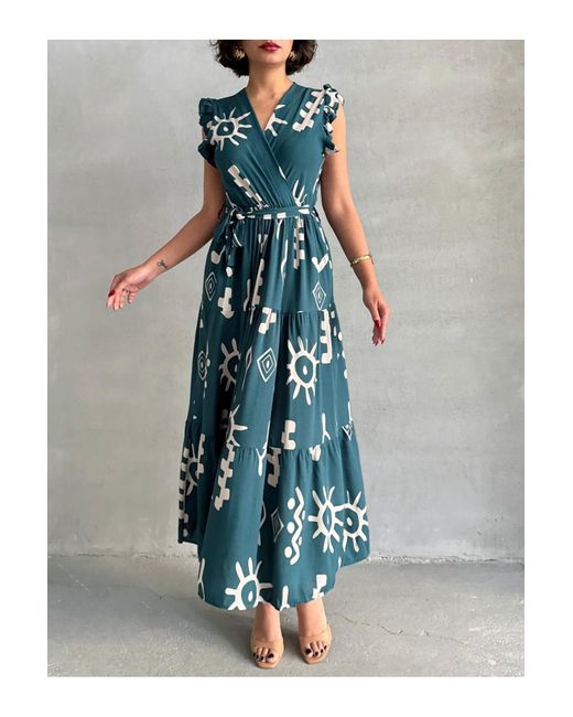 BEJNA Blue Grünes, Gewebtes Kleid Mit Fliegenärmeln Und Zweireihigem Ausschnitt Für Damen