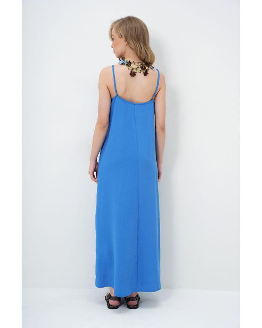 Trend Alaçatı Stili Blue Indigoblaues Aerobin-Sommerkleid Mit Verstellbarem Träger Und V-Ausschnitt Für Damen