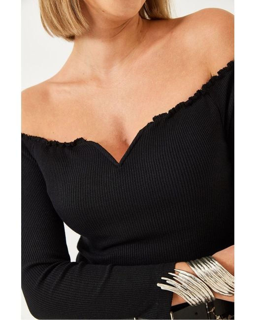 Bianco Lucci Black Crop-Strickbluse Mit Gerafftem Ausschnitt Für Damen
