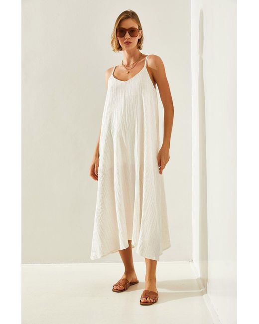 Bianco Lucci Natural Asymmetrisches Basic 164-Kleid Mit Leinenschnitt – Seilträger, Für Damen