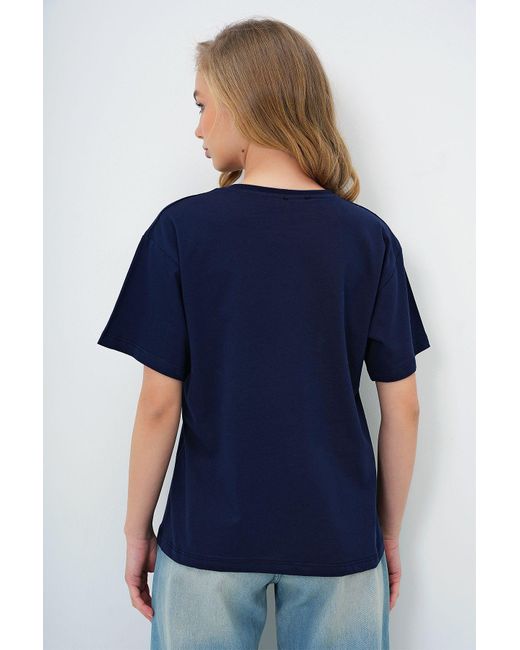 Trend Alaçatı Stili Blue Marineblau-Weißes 2Er-Pack Basic-T-Shirt Mit Rundhalsausschnitt Für Damen