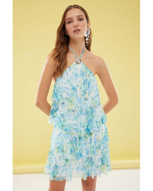 Trendyol Blue Mehrfarbiges, Mit A-Linie Gefüttertes, Gerüschtes Tüll-Strick-Minikleid Für Den Abend, Heimkehrkleid Für Damen