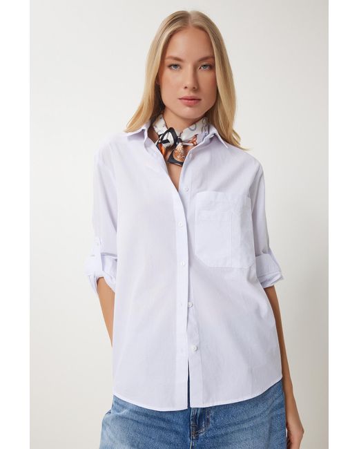 Happiness İstanbul White Weiße Asymmetrische Fiktion Mit Details Für Gewebtes Hemd Für Damen