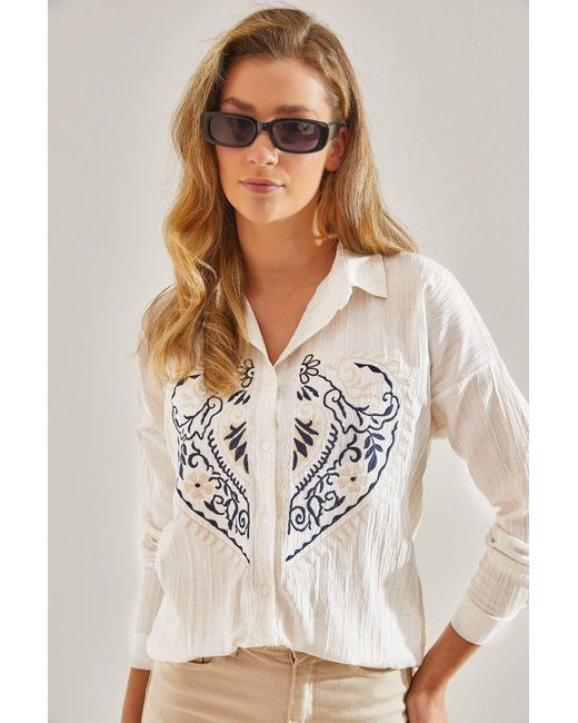 Bianco Lucci Modest White Besticktes Ayrobin-Hemd Aus Leinen Für Damen