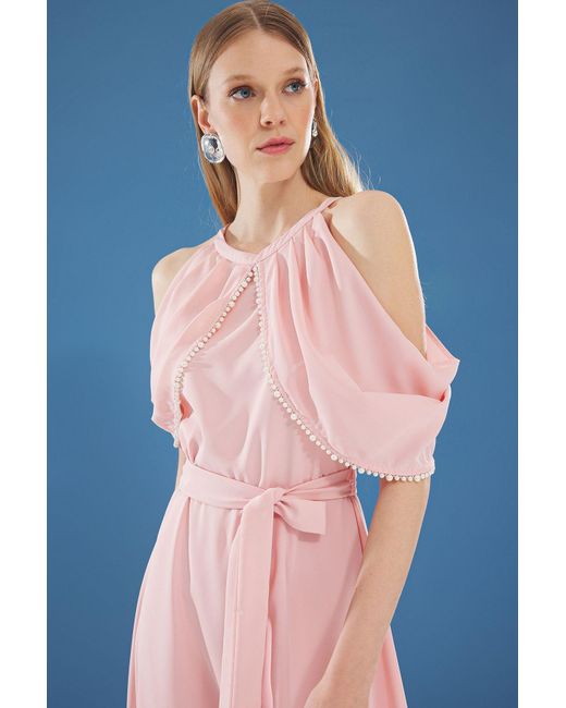Trendyol Blue Stilvolles Midi-Abendkleid Mit Perlenstickerei, Puder-A-Linie Und Abendkleid Für Damen