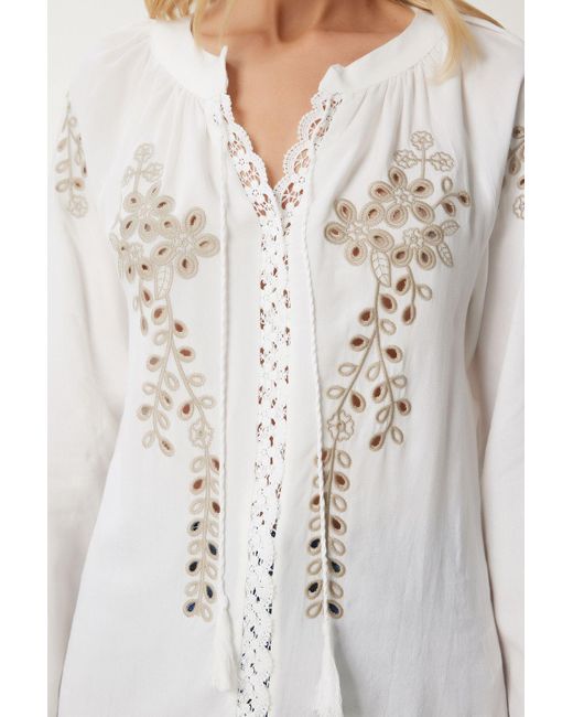 Happiness İstanbul White Weiße, Romantisch Bestickte, Gewebte Bluse Für Damen