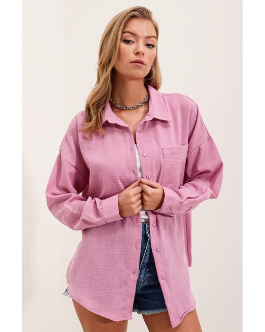 Bigdart Pink 20153 oversize-leinenhemd mit einer tasche – puder