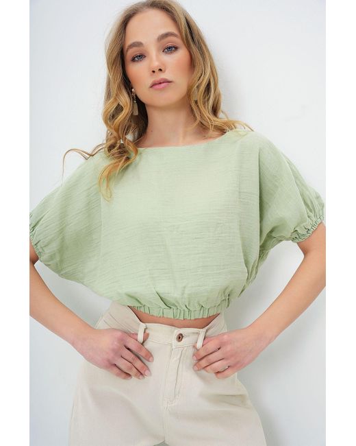 Trend Alaçatı Stili Green Grüne Bluse Aus Musselinstoff Mit U-Boot-Ausschnitt Und Gewebtem Crop-Bluse Für Damen