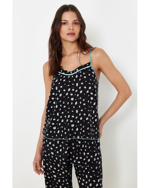 Trendyol Black Es pyjama-set mit blumenmuster, 100 % baumwolle, kordelriemen,