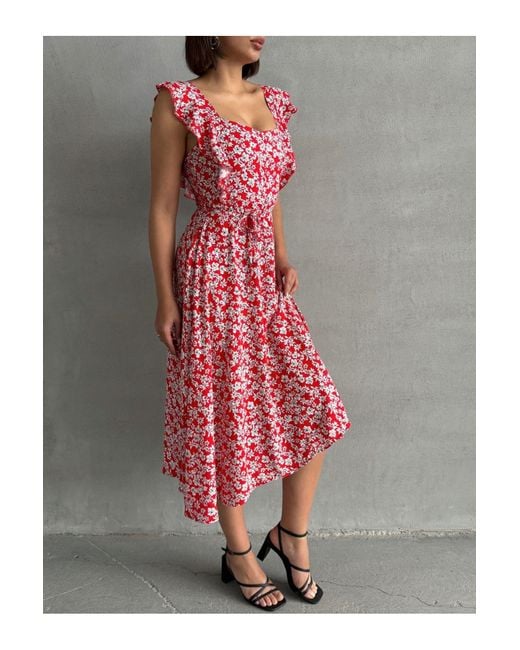 BEJNA Red Rotes, Floral Gemustertes, Detailliertes, Gewebtes Sommerkleid Für Damen
