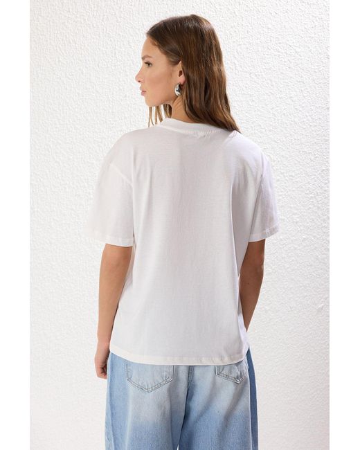 Trendyol Blue Blaues 2Er-Pack Basic-Strick-T-Shirt Mit Stehkragen Aus 100 Baumwolle Für Damen