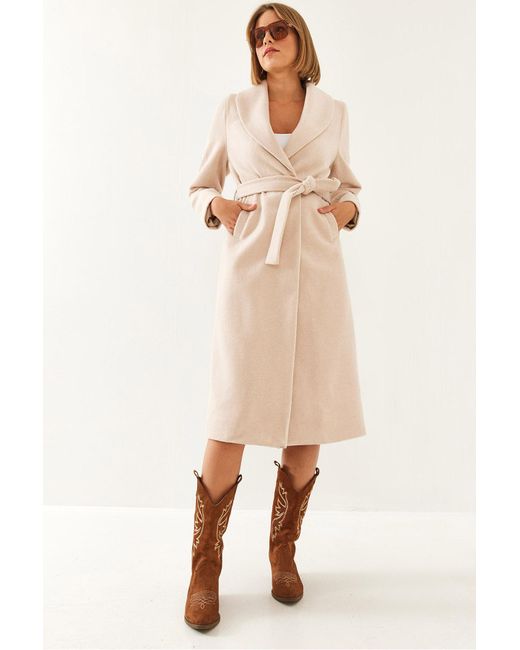 Bianco Lucci Natural Mantel Aus Kaschmir Mit Gürtel – 2353 Für Damen