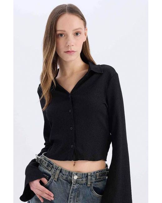 Defacto Black Coool Fitted Basic Straight Wrap Langarmshirt Für Damen