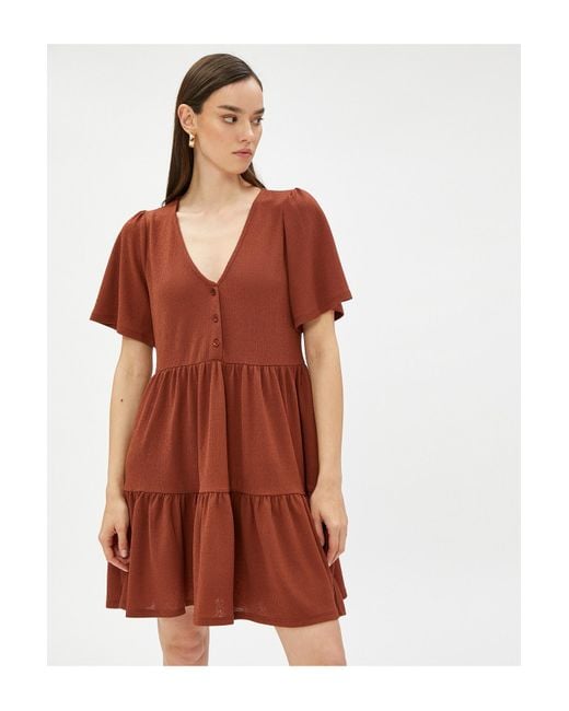 Koton Red Mehrlagiges Kurzes Kleid Mit V-Ausschnitt Und Kurzen Ärmeln Für Damen
