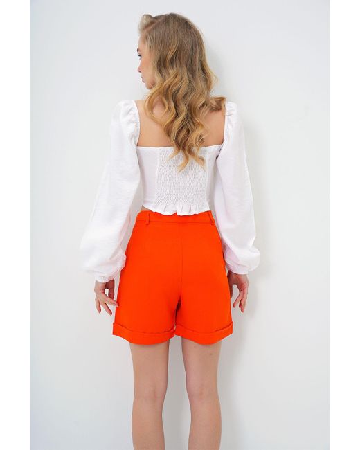 Trend Alaçatı Stili Orangefarbene Leinen-Shorts Mit Zwei Taschen – Versteckter Reißverschluss Für Damen