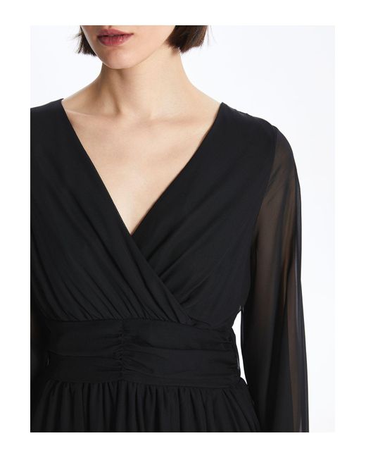 LC Waikiki Black Zweireihiges, Einfarbiges, Langärmliges Chiffon-Kleid Für Damen