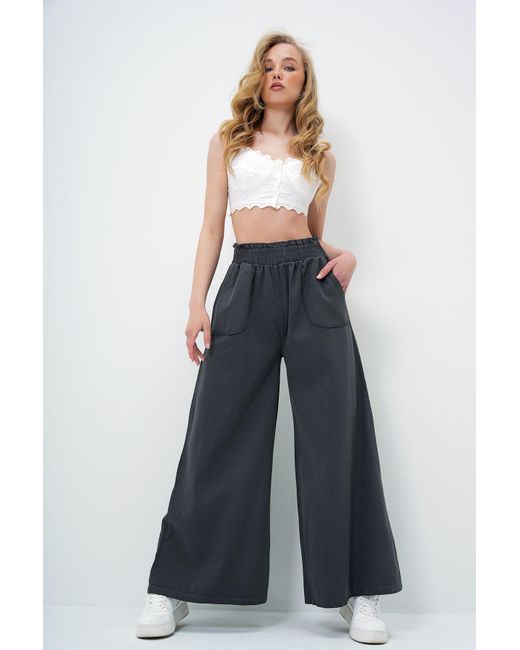Trend Alaçatı Stili Blue Anthrazitfarbene Gabardine-Hose Mit Taillenschnürung Und Doppelter Tasche Und Weitem Bein Für Damen