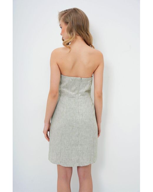 Trend Alaçatı Stili White Grünes, Innen Gefüttertes, Trägerloses Baumwoll-Leinenkleid Mit Verstecktem Reißverschluss Für Damen