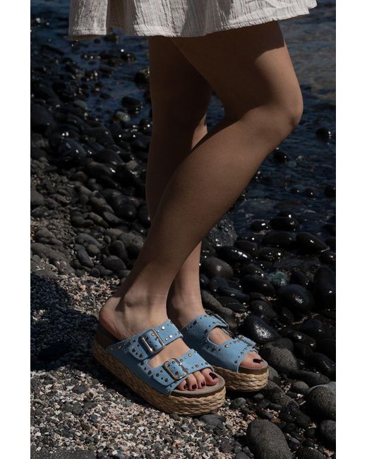 Marjin Blue Hausschuhe Mit Dicker Strohsohle Und Doppeltem Band Und Nieten, Blaues Wildleder Für Damen