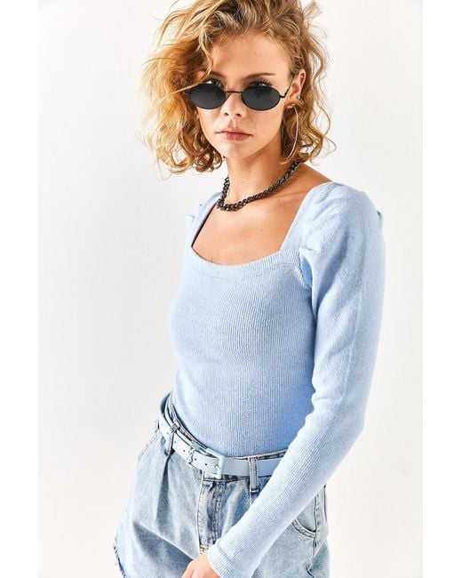 Olalook Blue Babyblaue, Plissierte Schalbluse Mit Quadratischem Kragen Und Ärmeln Für Damen