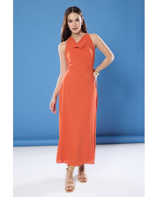 Trendyol Blue Zimtfarbenes A-Linien-Midi-Elf-Webkleid Mit Accessoire-Detail Für Damen